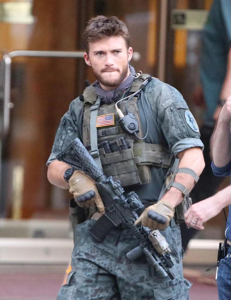 Scott Eastwood in a tactical military costume on the set of the 2016 film Suicide Squad