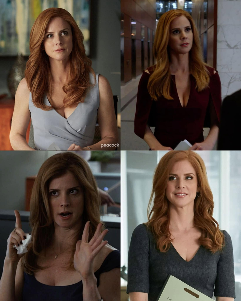 a collage of Sarah Rafferty portraying the sharp-witted and confident executive assistant turned COO, Donna Paulsen, in the legal drama series Suits