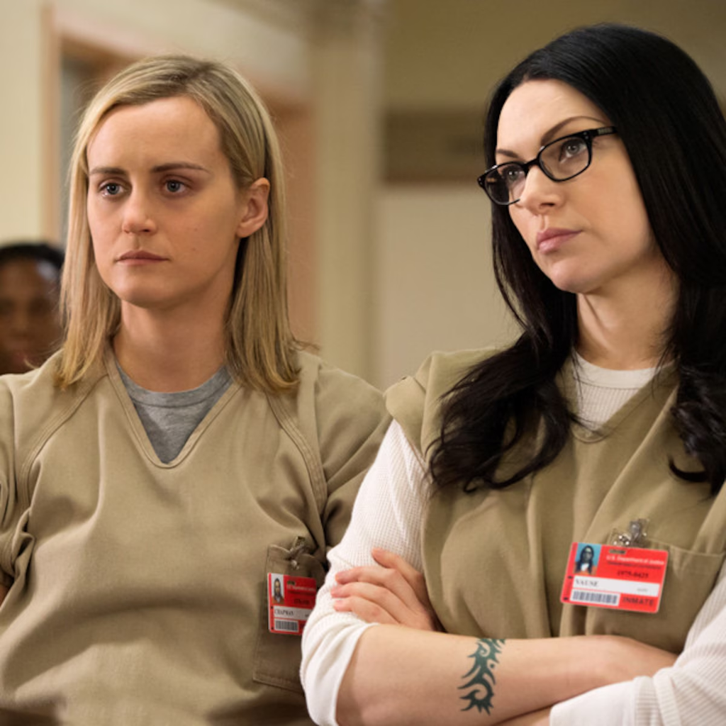 characters Piper Chapman (played by Taylor Schilling) and Alex Vause (played by Laura Prepon) wearing beige prison uniforms in the television series Orange Is the New Black