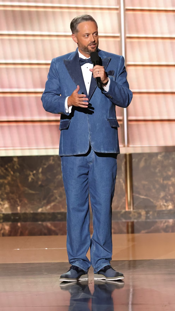 Nate Bargatze wearing a custom denim tuxedo while hosting the 77th Primetime Emmy Awards on September 14, 2025