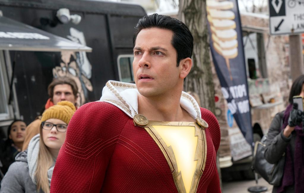 Zachary Levi in the iconic red and white-hooded supersuit as the title character in the DC Comics film Shazam!