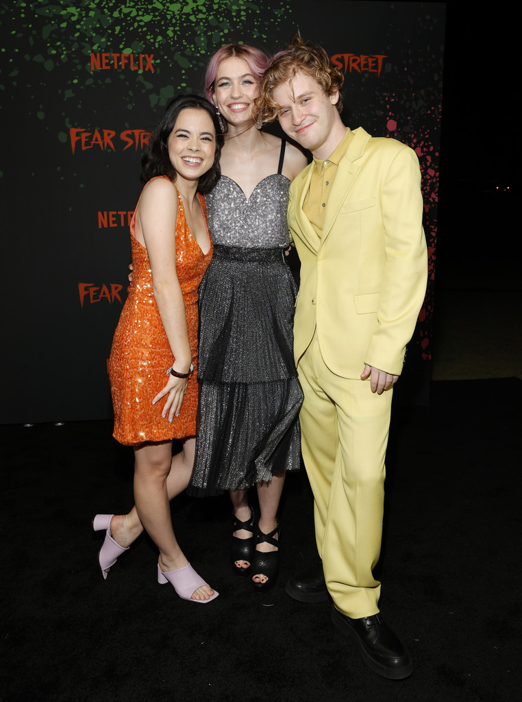 Julia Rehwald, Olivia Scott Welch, and Fred Hechinger attending the premiere of Fear Street Part Three: 1666 in July 2021