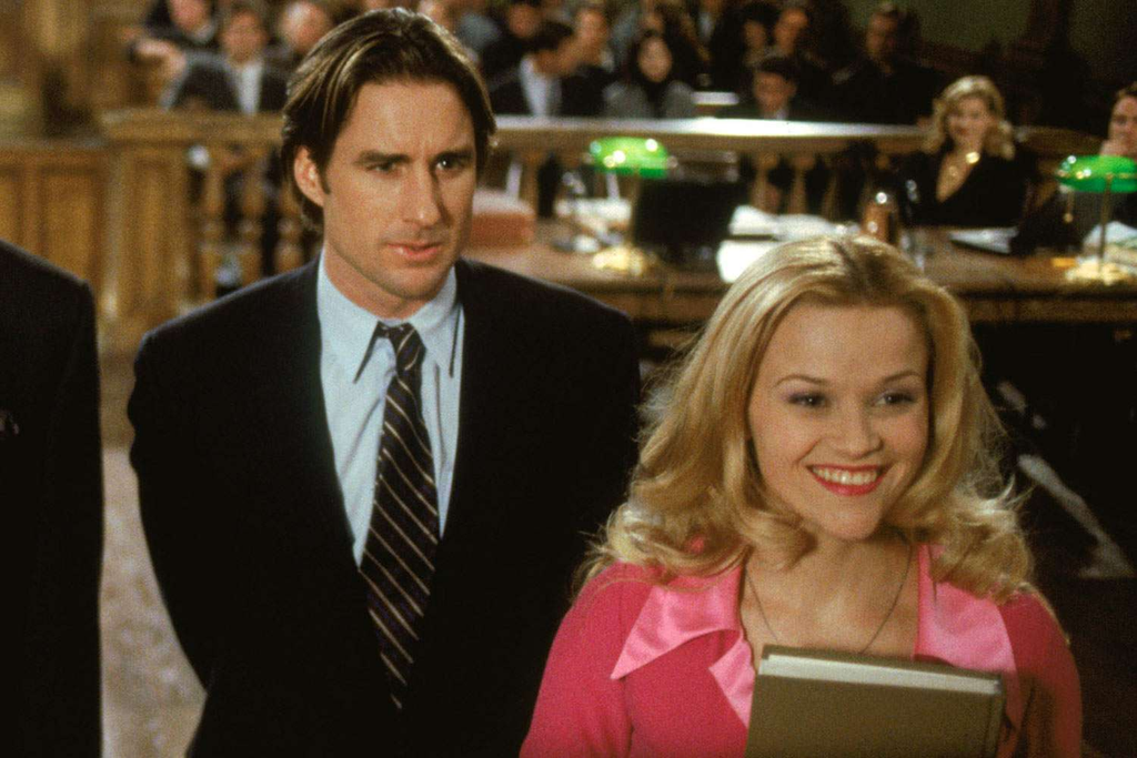 Reese Witherspoon as Elle Woods and Luke Wilson as Emmett Richmond in a courtroom scene from the 2001 comedy film Legally Blonde