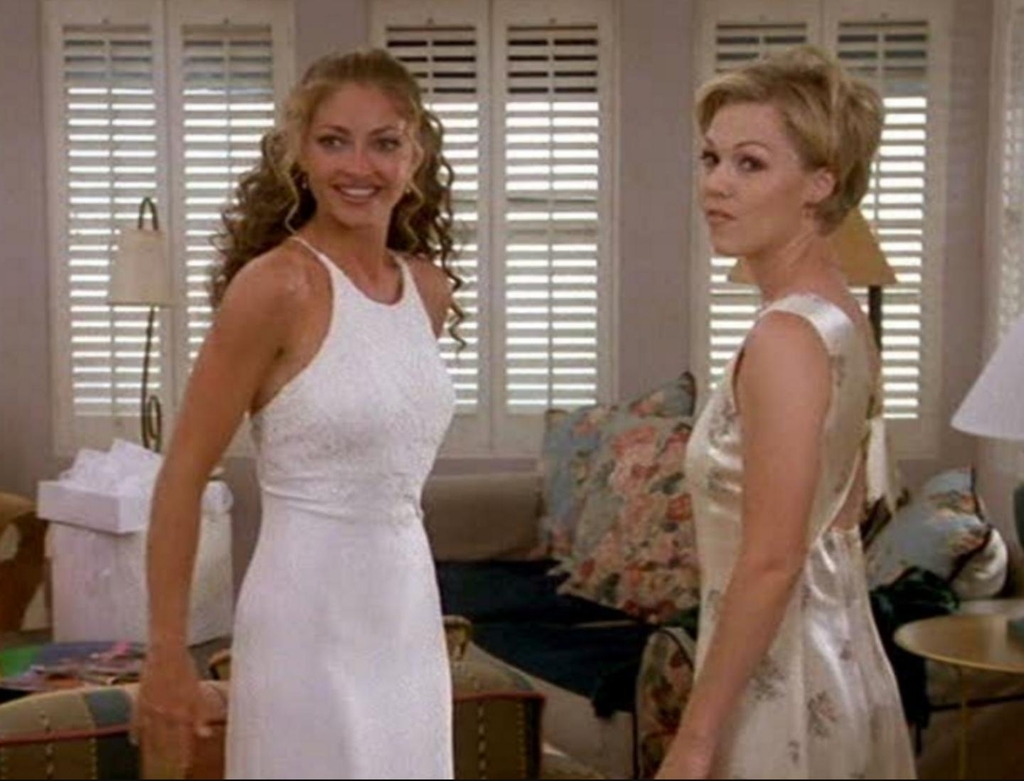 Jennie Garth (left) and Rebecca Gayheart (right) in a scene from the television series Beverly Hills, 90210