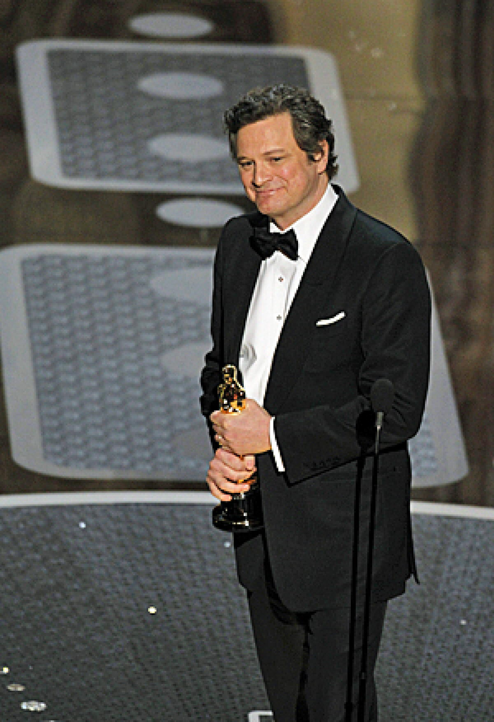 Colin Firth holding his Best Actor Academy Award for The King's Speech at the 83rd Academy Awards on February 27, 2011