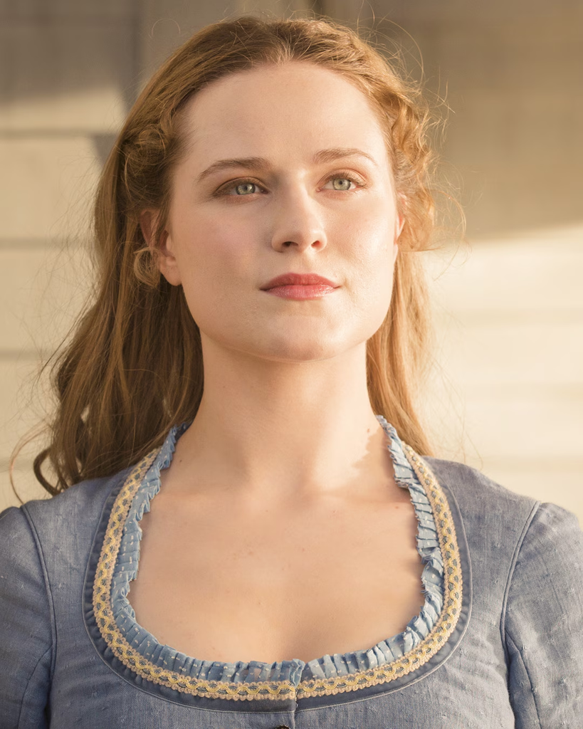 Evan Rachel Wood plays Dolores Abernathy wearing her iconic blue dress in the HBO sci-fi series Westworld