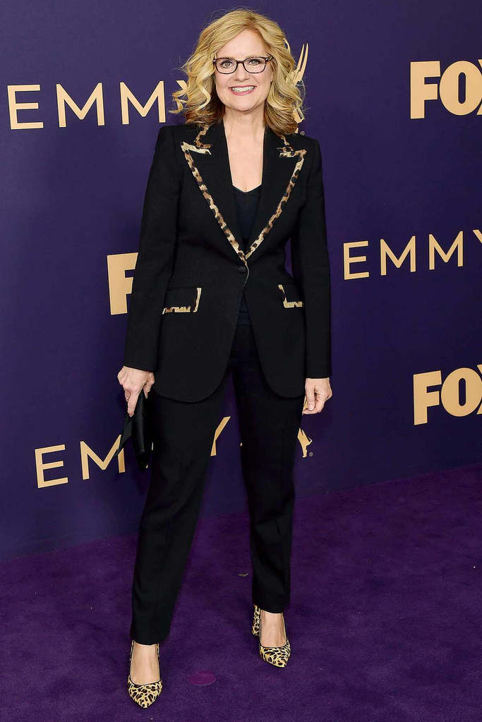 Actress Bonnie Hunt arrives on the purple carpet in a black embellished suit at the 71st Primetime Emmy Awards on September 22, 2019, at the Microsoft Theater in Los Angeles