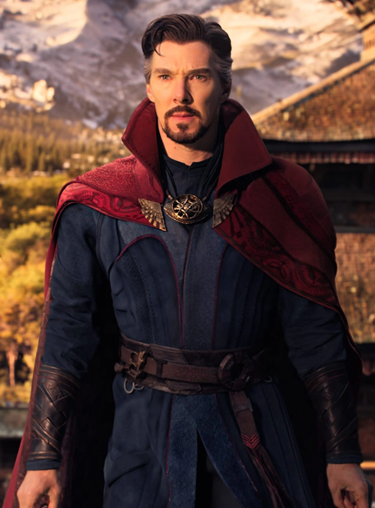 Benedict Cumberbatch as the Marvel superhero Doctor Strange (Stephen Strange), wearing his signature blue tunic, patterned belt, and the Cloak of Levitation from the Marvel Cinematic Universe (MCU)