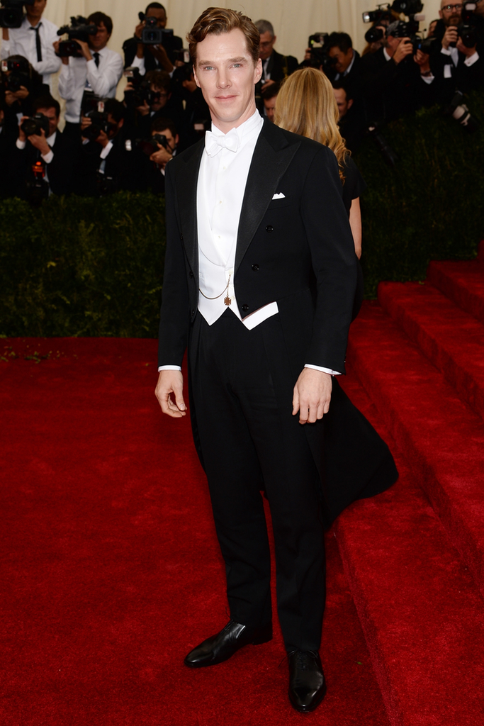 Benedict Cumberbatch attends the 2014 Met Gala wearing a white-tie outfit on May 5, 2014